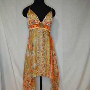 Elegant High Low Floral Dress in Orange and Gold